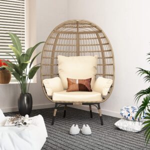 UPHA Outdoor Oversized Egg Chair,Indoor Patio Large Wicker Lounge Chair with Steel Frame and Cushions for Outside,Backyard(Beige Rattan,Beige)