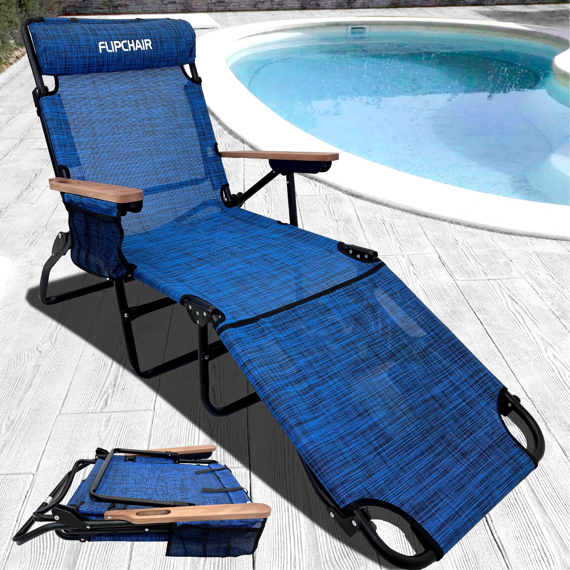 EasyGo Product FLIP Face Down Tanning Chaise Lounge Chair with Face & Arm Holes-4 Legs Support-Textilene Material-6 Position-Arm Head Rest Pillow-Beach or Home Use-PATENTS Pending, Blue