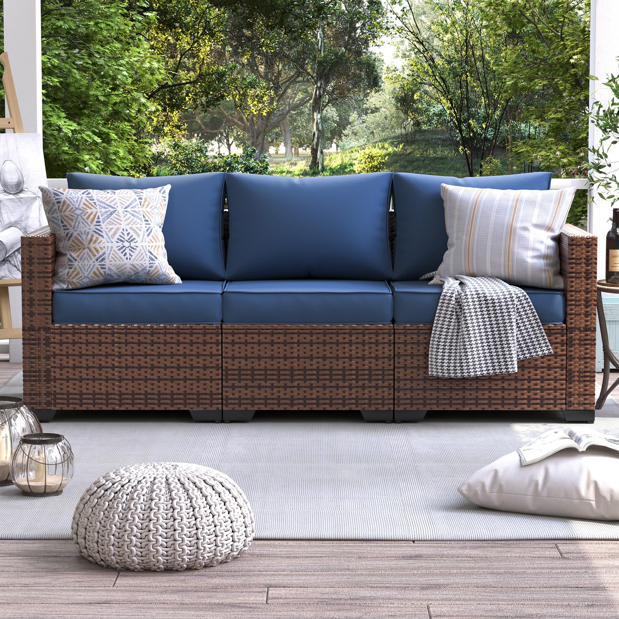 UDPATIO 3-Seat Patio Wicker Sofa, Outdoor Rattan Sectional Couch Furniture Steel Frame w/Furniture Cover Non-Slip Cushion and Deep Seating High Back, Navy