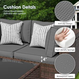 Amopatio 9 Pieces Patio Furniture Set All Weather Outdoor Sectional Sofa, Outdoor Modern Sectional Furniture Wicker Couch with Glass Coffee Table, Thicken Grey Cushions, Waterproof Cover