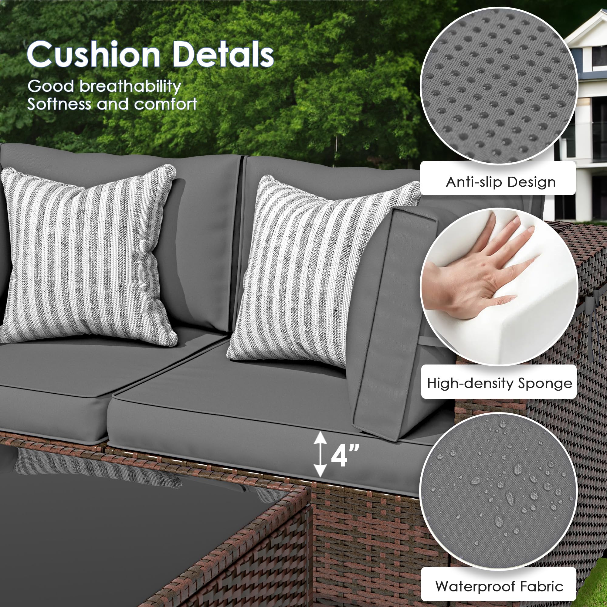 Amopatio 9 Pieces Patio Furniture Set All Weather Outdoor Sectional Sofa, Outdoor Modern Sectional Furniture Wicker Couch with Glass Coffee Table, Thicken Grey Cushions, Waterproof Cover