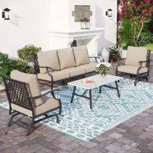 sunshine valley patio furniture set, 4 piece modern metal outdoor patio furniture, 3 seater sofa, 2 rocking chairs, coffee table and 5.75" extra thick cushion, patio conversation set for deck backyard