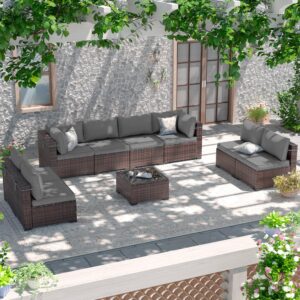 Amopatio 9 Pieces Patio Furniture Set All Weather Outdoor Sectional Sofa, Outdoor Modern Sectional Furniture Wicker Couch with Glass Coffee Table, Thicken Grey Cushions, Waterproof Cover