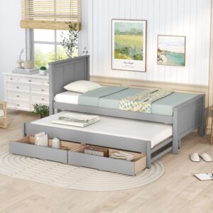 merax wood bed with trundle and 2 drawers twin daybed frame for kids teens adults/no box spring needed grey