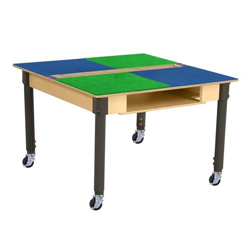 Time-2-Play Play Table Large 35” x 31” Surface Birch Plywood Red & Blue Montessori Lego Compatible Building Blocks Table with Trough for Kids 18”-29” Adjustable Legs (Caster Wheels, Blue & Green)