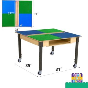 Time-2-Play Play Table Large 35” x 31” Surface Birch Plywood Red & Blue Montessori Lego Compatible Building Blocks Table with Trough for Kids 18”-29” Adjustable Legs (Caster Wheels, Blue & Green)