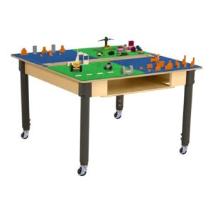 Time-2-Play Play Table Large 35” x 31” Surface Birch Plywood Red & Blue Montessori Lego Compatible Building Blocks Table with Trough for Kids 18”-29” Adjustable Legs (Caster Wheels, Blue & Green)