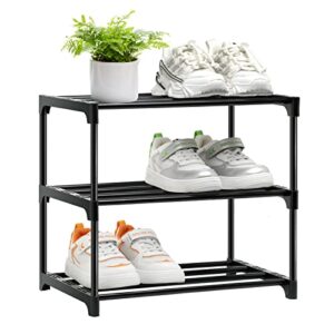 olyreo stackable small shoe rack for closet 3 tier, sturdy shoe rack organizer for front door entrance and entryway, free standing metal shoe shelf storage for closet bedroom garage black