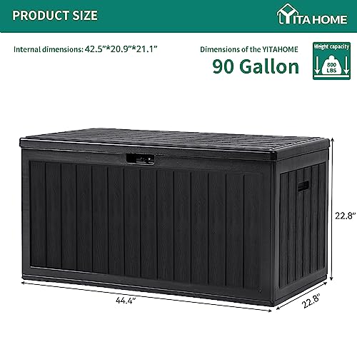 YITAHOME 90 Gallon Large Deck Box, Double-Wall Resin Outdoor Storage Boxes, Deck Storage for Patio Furniture, Cushions, Pool Float, Garden Tools, Lockable & Waterproof (Black)