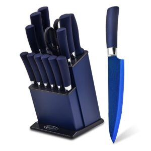 knife set, kitchen non stick knives set with block thick blade cutlery knife block sets with sharpener 6pcs steak knife shears chef sharp quality aluminum alloy block blue handle and blade