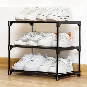 OLYREO Stackable Small Shoe Rack for Closet 3 Tier, Sturdy Shoe Rack Organizer for Front Door Entrance and Entryway, Free Standing Metal Shoe Shelf Storage for Closet Bedroom Garage Black