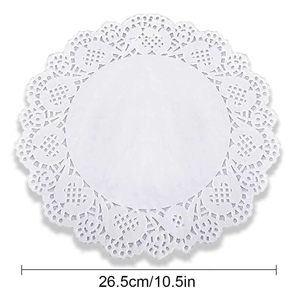 100PCS White Lace Paper Doilies for Wedding, Birthday, Cakes, Desserts, Light Brown Doilies for Food, Formal Events（10.5 inch Round ）