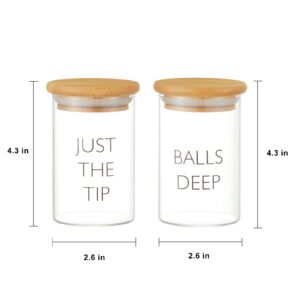 INIUNIK Glass Qtip Holder Dispenser, 2 Pack Glass Apothecary Jars with Lids, Sealed Q Tip Holder Cotton Ball Round Pad Swab Holder Funny Bathroom Canisters Jars for Vanity Restroom Décor and Storage