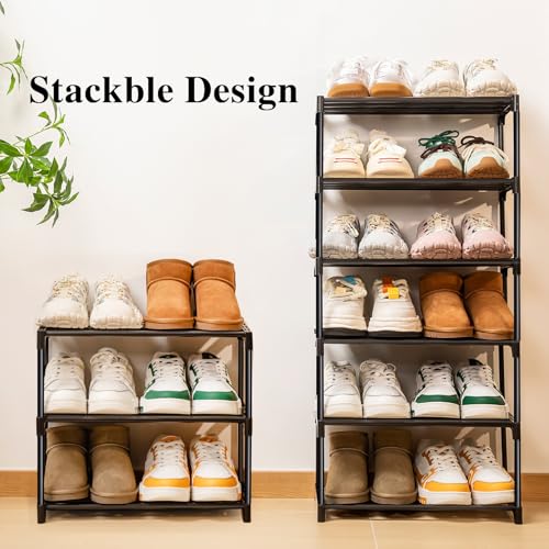 OLYREO Stackable Small Shoe Rack for Closet 3 Tier, Sturdy Shoe Rack Organizer for Front Door Entrance and Entryway, Free Standing Metal Shoe Shelf Storage for Closet Bedroom Garage Black