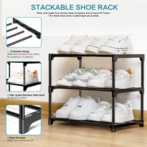 OLYREO Stackable Small Shoe Rack for Closet 3 Tier, Sturdy Shoe Rack Organizer for Front Door Entrance and Entryway, Free Standing Metal Shoe Shelf Storage for Closet Bedroom Garage Black