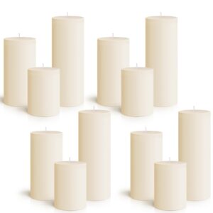 sumind set of 12 poured pillar candles 3"x 4", 6", 8" dripless unscented candle long clean burning rustic country style for wedding, christmas, home decor, relaxation, all occasions(ivory white)