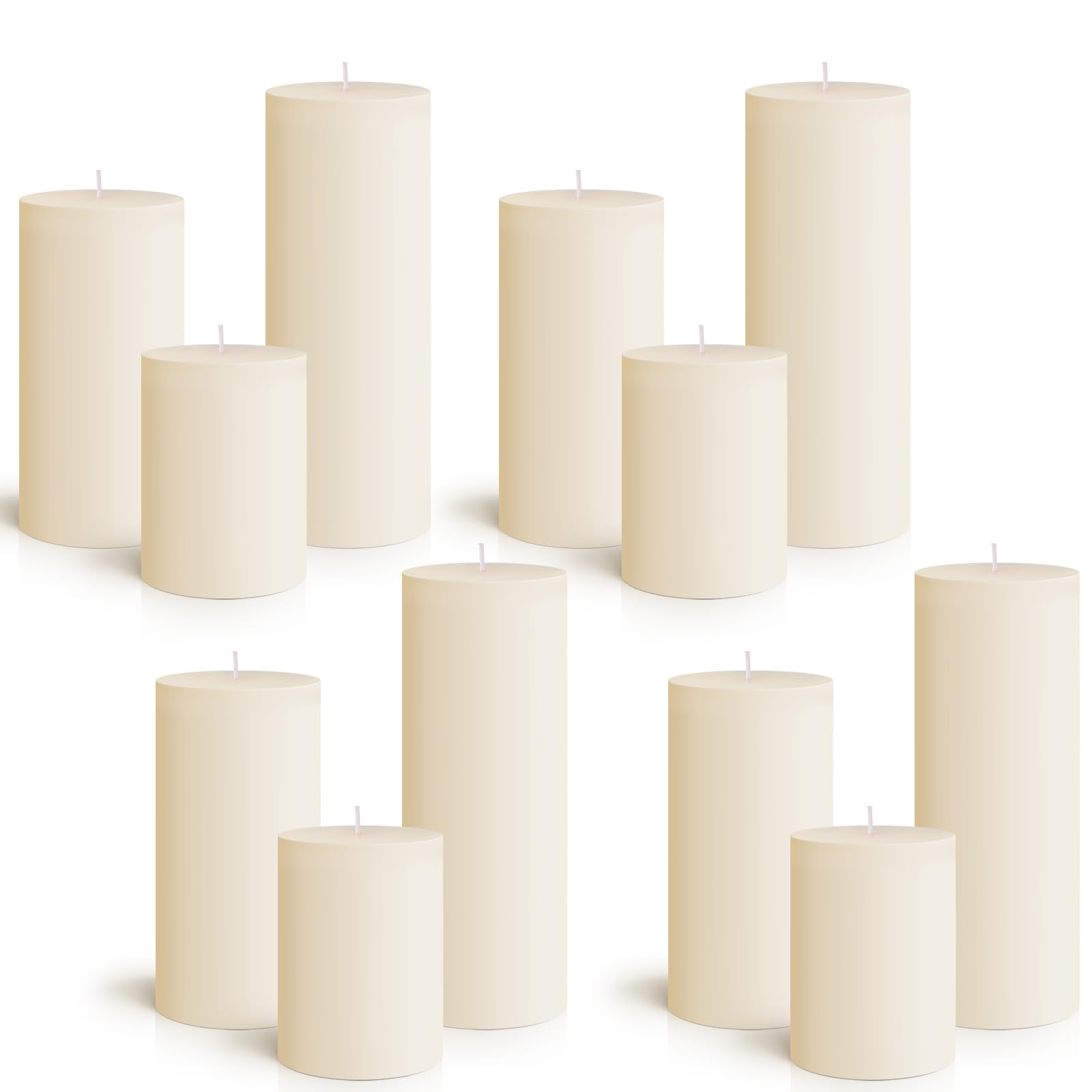 Sumind Set of 12 Poured Pillar Candles 3"x 4", 6", 8" Dripless Unscented Candle Long Clean Burning Rustic Country Style for Wedding, Christmas, Home Decor, Relaxation, All Occasions(Ivory White)