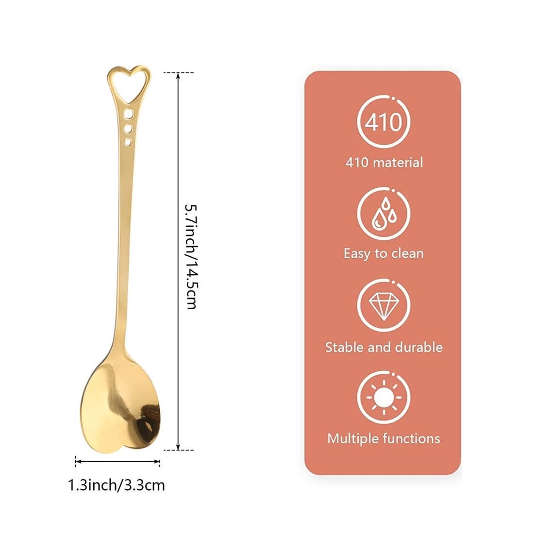 10-Piece Heart-Shaped Stainless Steel Dessert Spoon Set for Home, Restaurant, Cafe, and Bar - Elegant Design, Multi-Functional Usage, and Durable Quality Gold