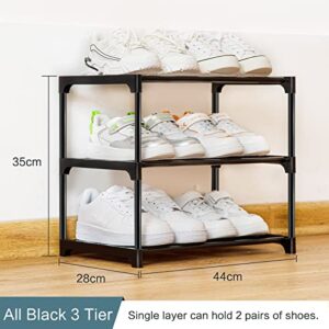 OLYREO Stackable Small Shoe Rack for Closet 3 Tier, Sturdy Shoe Rack Organizer for Front Door Entrance and Entryway, Free Standing Metal Shoe Shelf Storage for Closet Bedroom Garage Black