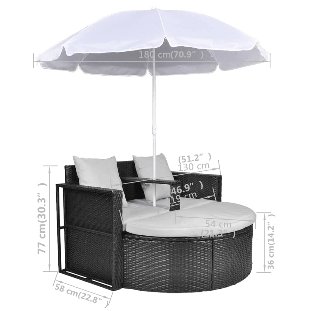 QZZCED Patio Bed with Parasol,Pool Lounge Chairs,Outdoor Chaise Lounge,Patio Lounge Chair,Outdoor Furniture,Outdoor Garden Chair,for Pool Side,Balcony,Beach,Yard,Black Poly Rattan