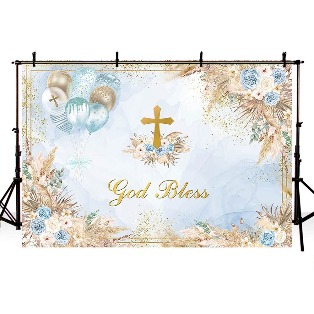 AIBIIN 7x5ft Boho God Bless Baptism Backdrop for Boys Holy Communion Party Decorations Photography Background Blue Marble Floral Christening Ceremony Newborn Baby Shower Banner Photoshoot Props