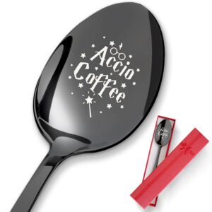 pzjiean accio coffee black engraved stainless steel spoon, funny coffee spoon ice cream spoon gifts for coffee lovers book lover bookworm friends harry potter fan birthday, valentine, christmas gift