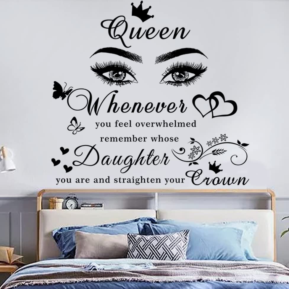 Girls Inspirational Wall Stickers Wall Art Quote Queen Wall Decals Positive Motivational Butterfly Decor Eyes Wall Sticker for Women Girls Bedroom Living Room Beauty Salon Home Decor.