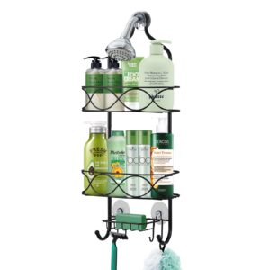 ontoty shower caddy hanging, no drilling & rustproof hanging shower organizer, anti-swing shower caddy over shower head with 2 strong suction cup, 6 hooks and soap basket, for bathroom, soap, razor