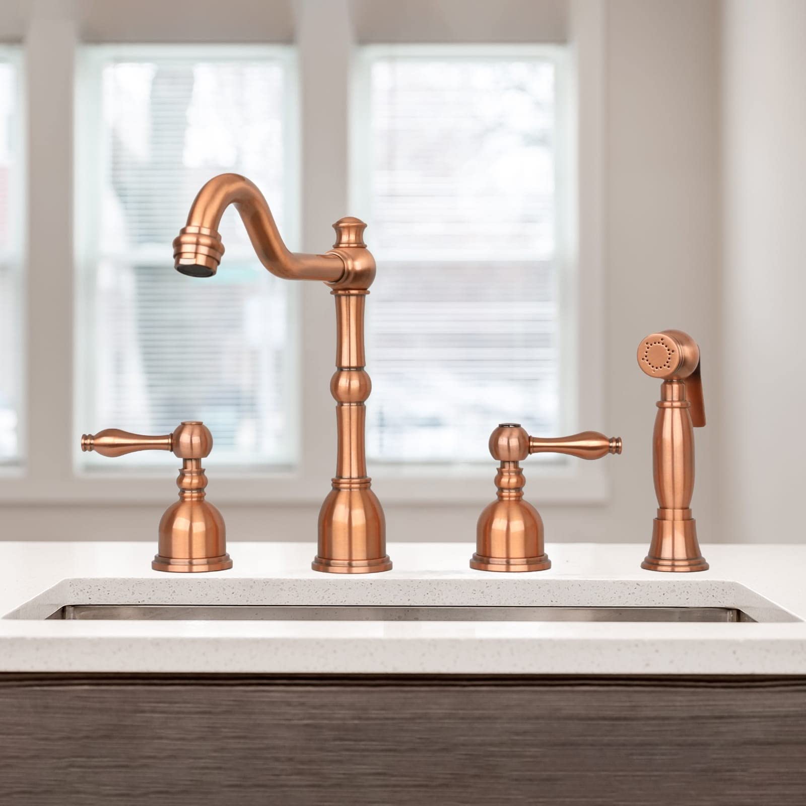 Two-Handles Copper Widespread Kitchen Faucet with Side Sprayer - 8.3 * 9.8"