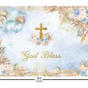 AIBIIN 7x5ft Boho God Bless Baptism Backdrop for Boys Holy Communion Party Decorations Photography Background Blue Marble Floral Christening Ceremony Newborn Baby Shower Banner Photoshoot Props