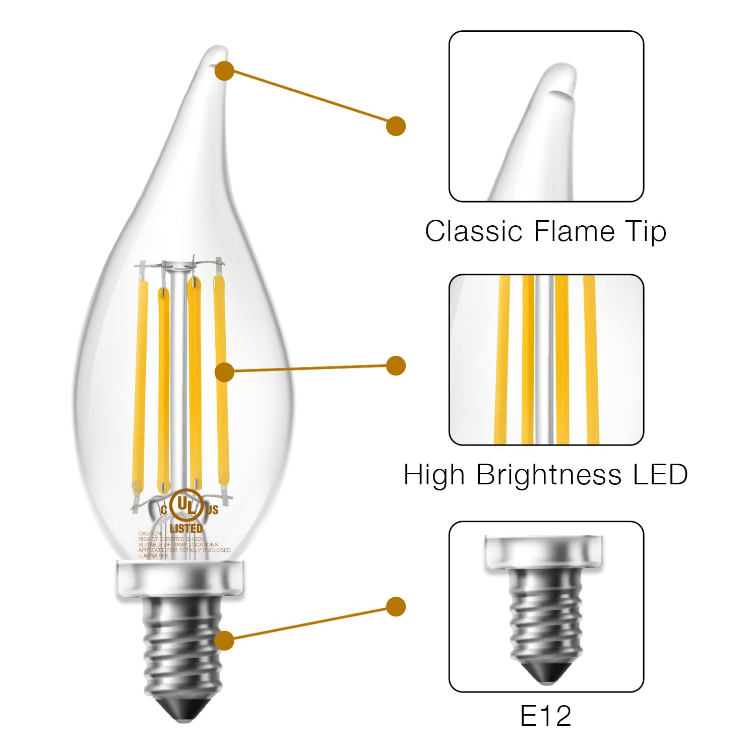 DAYBETTER Candelabra LED Light Bulbs, Chandelier Light Bulbs, LED Candelabra Bulbs 60 Watt Equivalent Dimmable E12 LED Bulb 2700K Warm White,5.5W 600LM Flame Tip Vintage CA11 Candle Light Bulbs 5 Pack