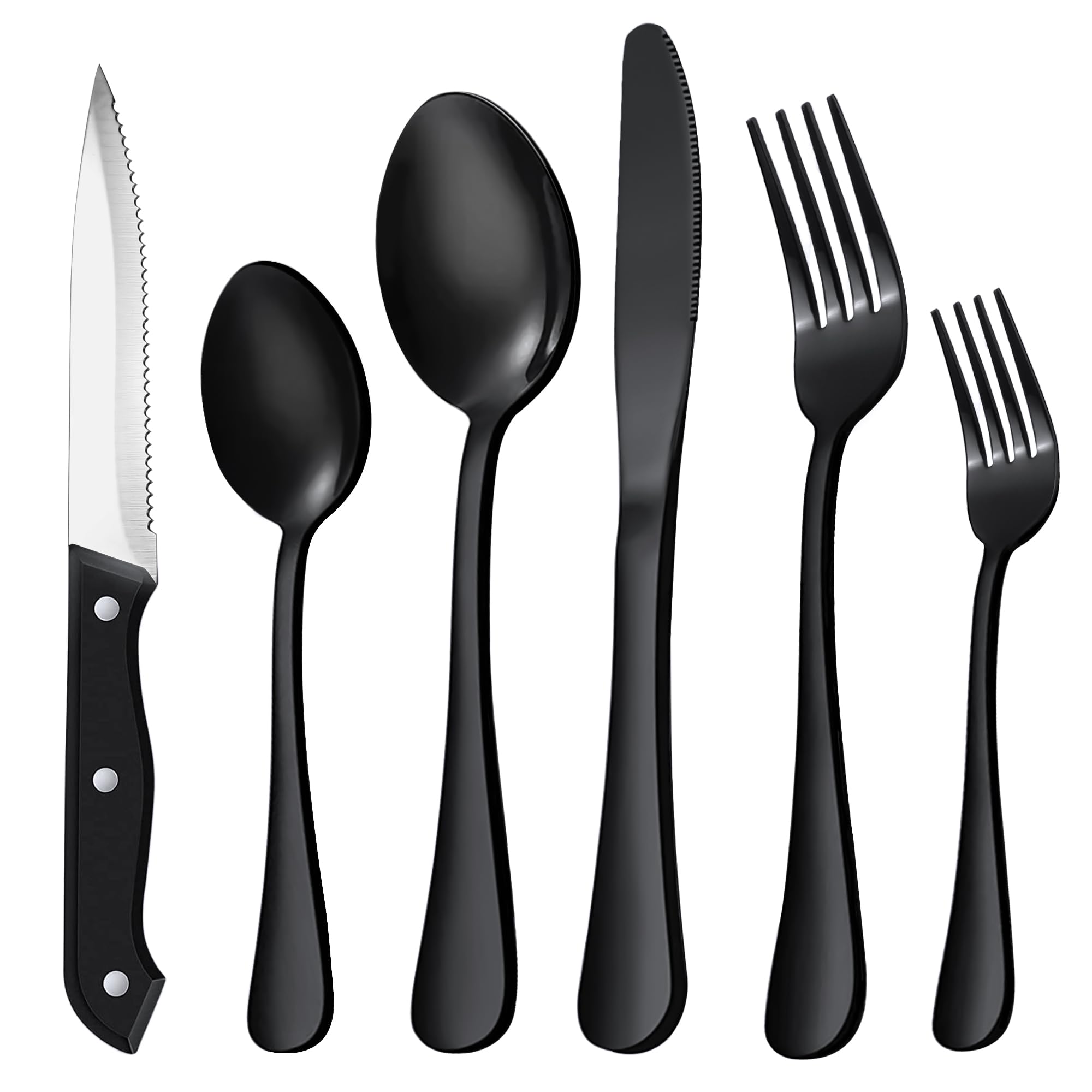 Silverware Set, 72-Piece Black Silverware Set with Steak Knives Stainless Steel Cutlery Set for 12 Includes Knives Forks and Spoons Kitchen Silverware Sets for Home, Mirror Polished & Dishwasher Safe