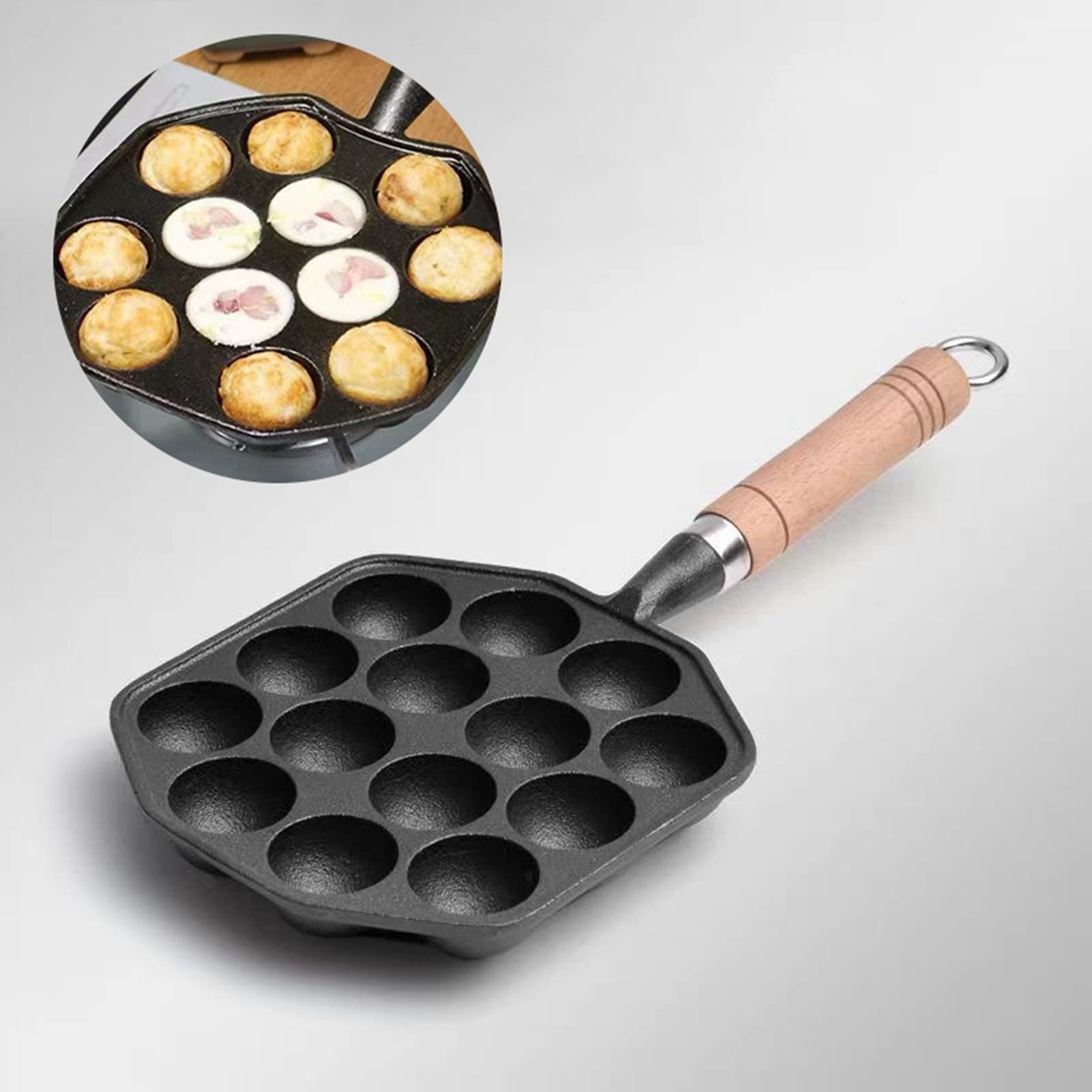 Fdit 14 Hole Takoyaki Pan,Avoid Sticking Cast Iron Octopus Meatball Maker with Removable Handle Suitable for Home Pancake Baking