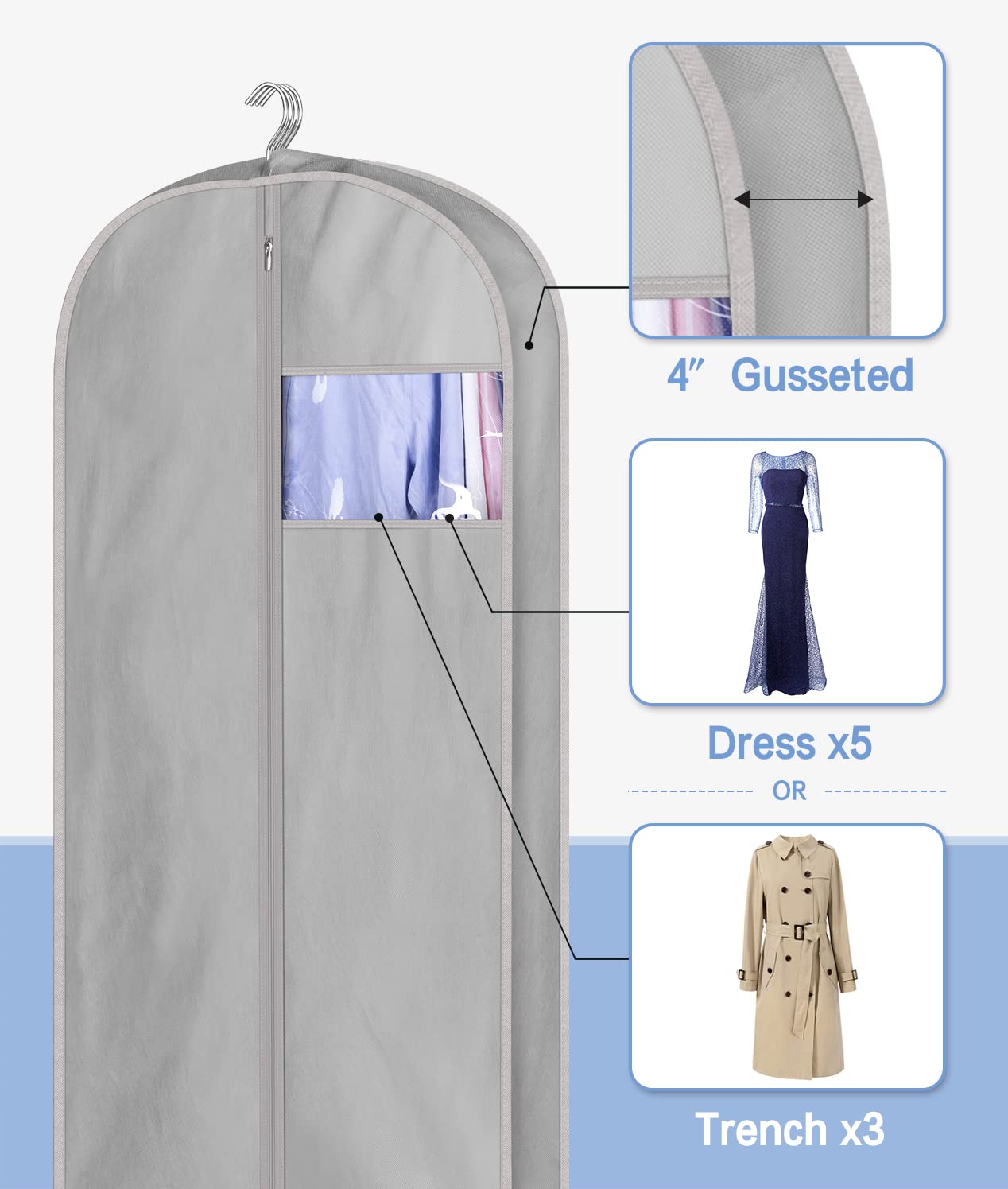 KIMBORA 60" Dress Garment Bags for Storage and Travel, Gusseted Hanging Clothes Bags for Closet Storage with Handles for Long Gowns, Coats（3 Packs,Gray）