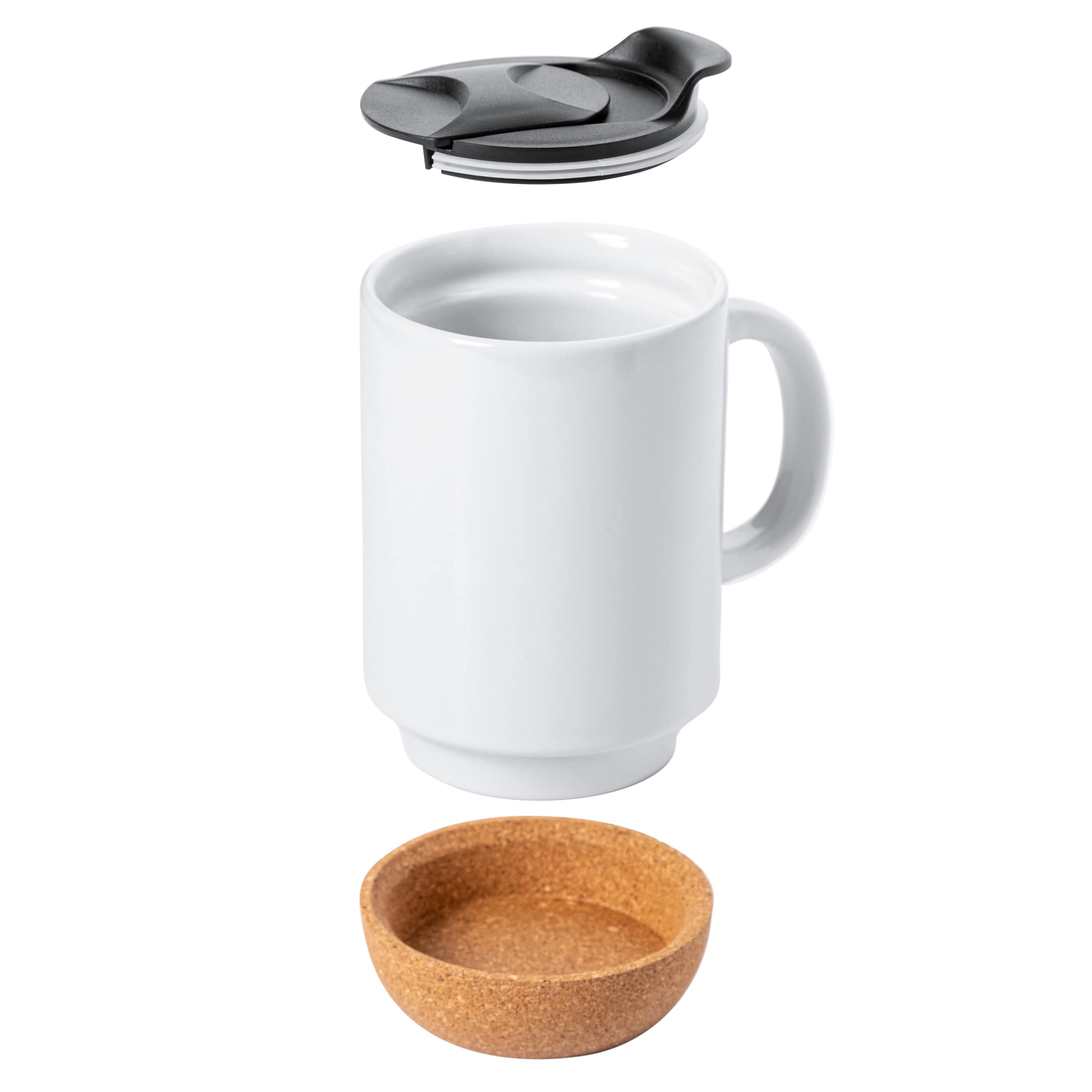 Gibson Home Modani 2 Pack Large 16.5 OZ Ceramic Mugs Set with Removable Cork Bottom and Lid - White