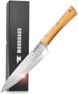 moorhaus 8" kitchen knife, stainless damascus steel 67 layer - razor sharp, superb edge retention, stain & corrosion resistant chefs knives