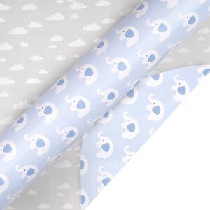 LeZakaa Reversible Baby Shower Wrapping Paper - Elephant in Blue & Cloud in Gray for Baby Boy - 17 inches x 32.8 Feet (46.45 sq.ft.)