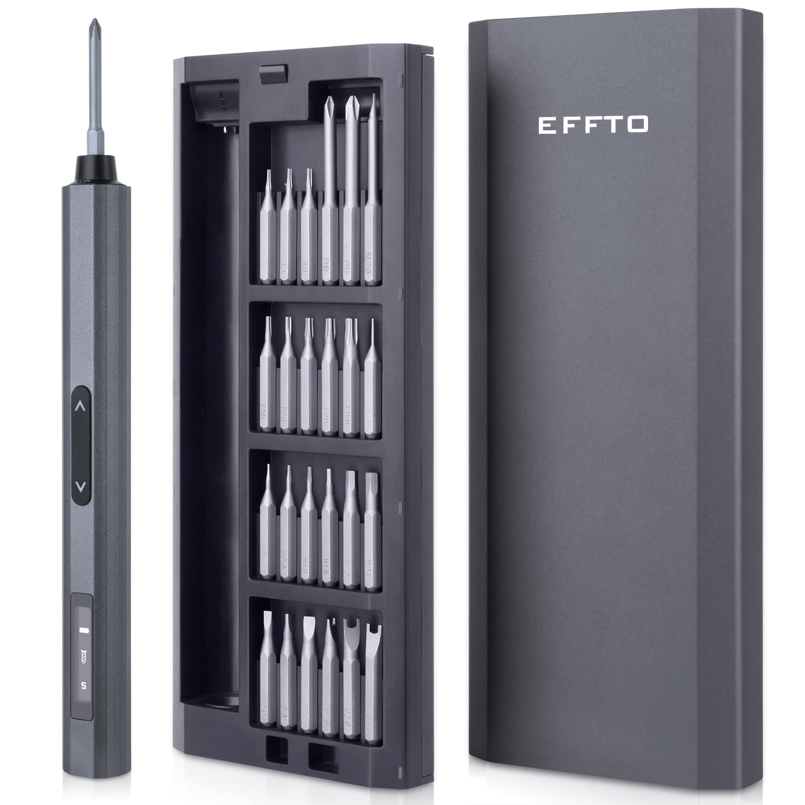 EFFTO Precision Screwdriver Set, 5 Gear Torque, Mini Screwdriver Set with OLED Screen, Small Screwdriver Set Rechargeable with 48 multifunctional bits and shadowless LED lights, Aluminum Case