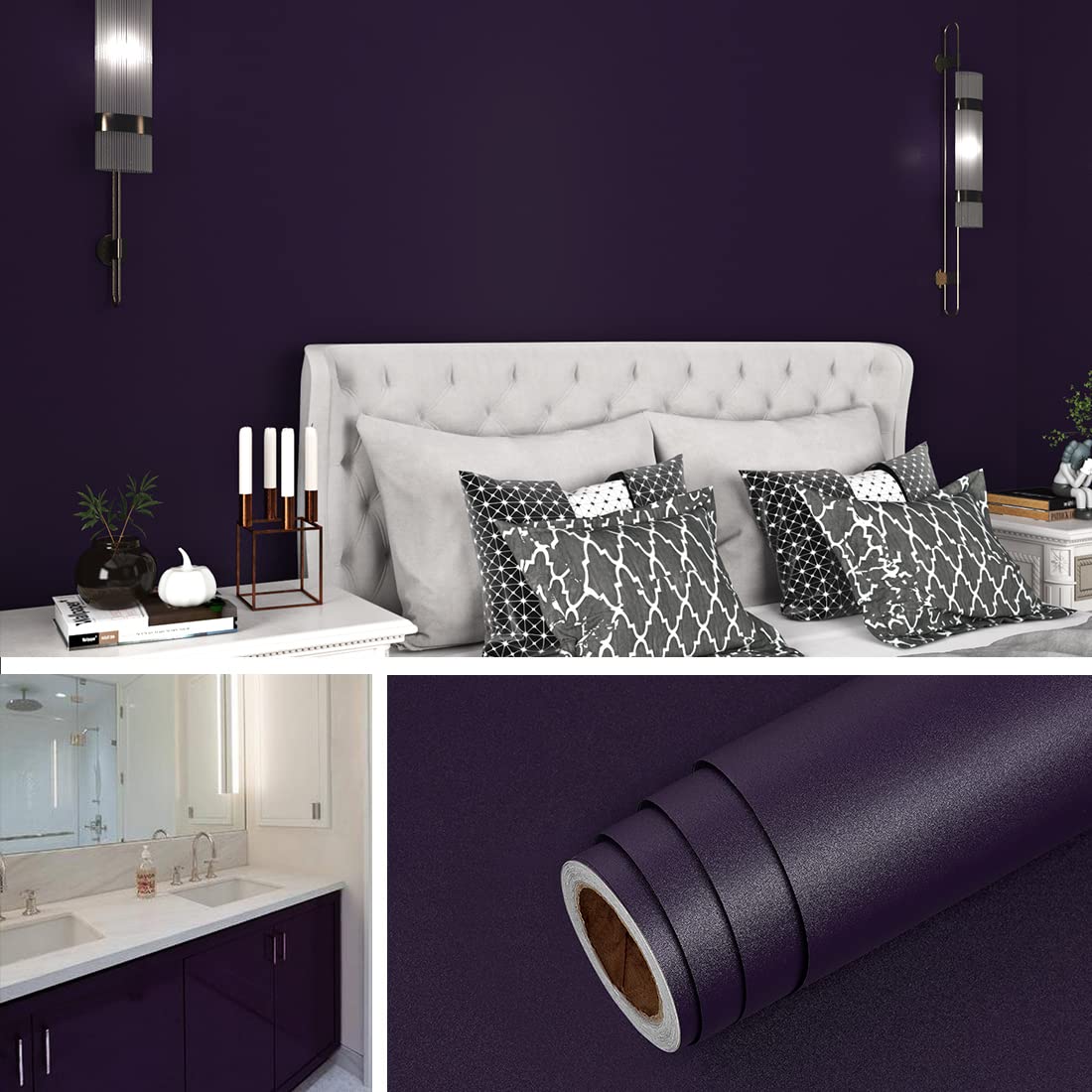 Livelynine 15.8x197 Royal Purple Wallpaper Stick and Peel Waterproof Wallpaper for Bathroom Bedroom Accent Wall Paper Roll Peel & Stick Contact Paper for Cabinets Shelves Desk Classroom Living Room