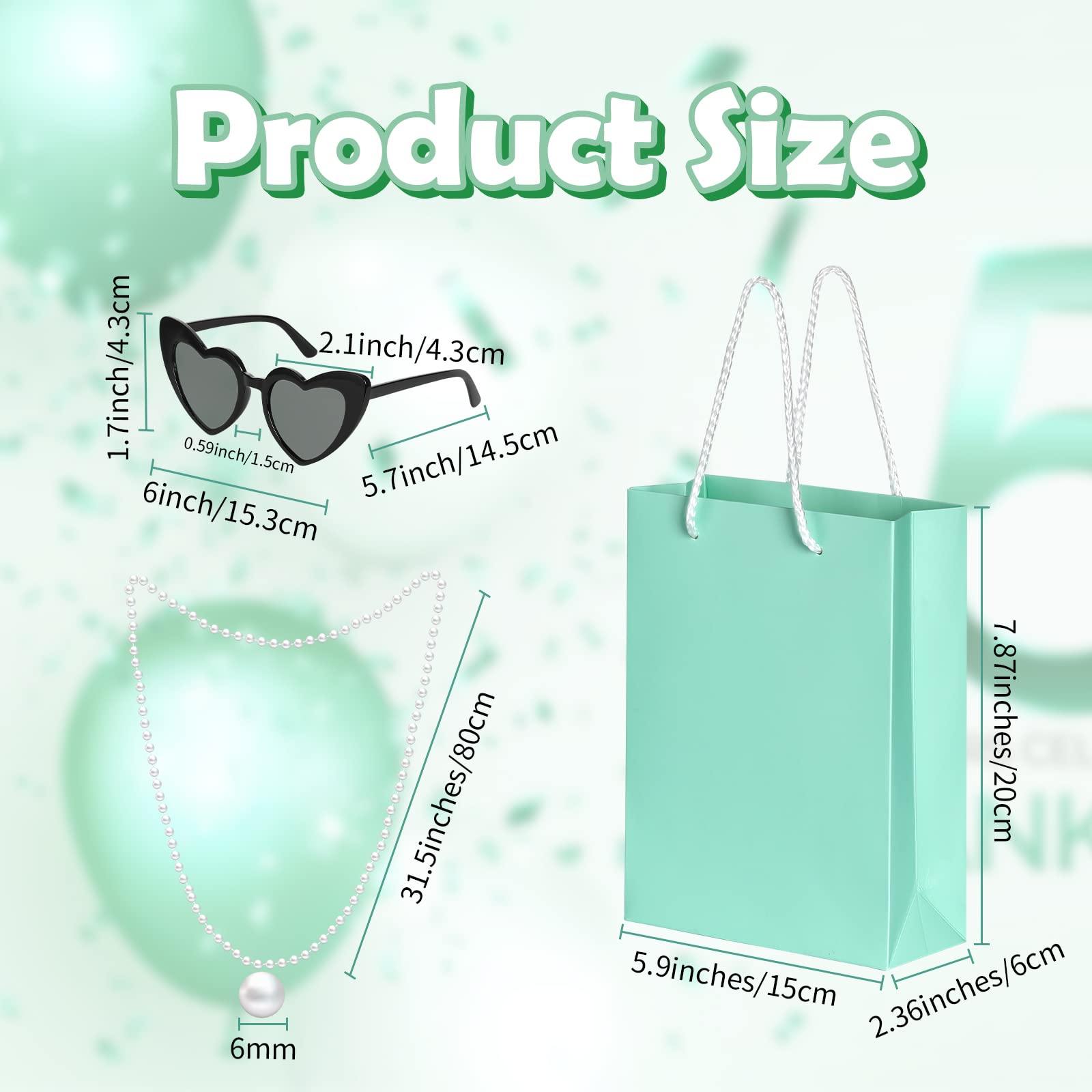 18 Pieces Teal Blue Party Favor Gift Bags Set 6 Pieces Teal Blue Merchandise Paper Gift Bags with Handles 6 Pieces Pearl Necklace 6 Pieces Retro Heart Sunglasses for Teal Blue Party Turquoise Party Favors