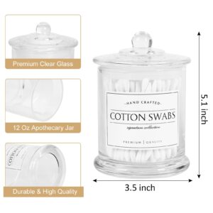 Volisnova 2 Pack Farmhouse Apothecary Jars with Lids - Glass Qtip Dispensers and Cotton Ball Holders for Bathroom Vanity Storage and Organization with 8 Pcs Wterproof Labels (Clear Glass)