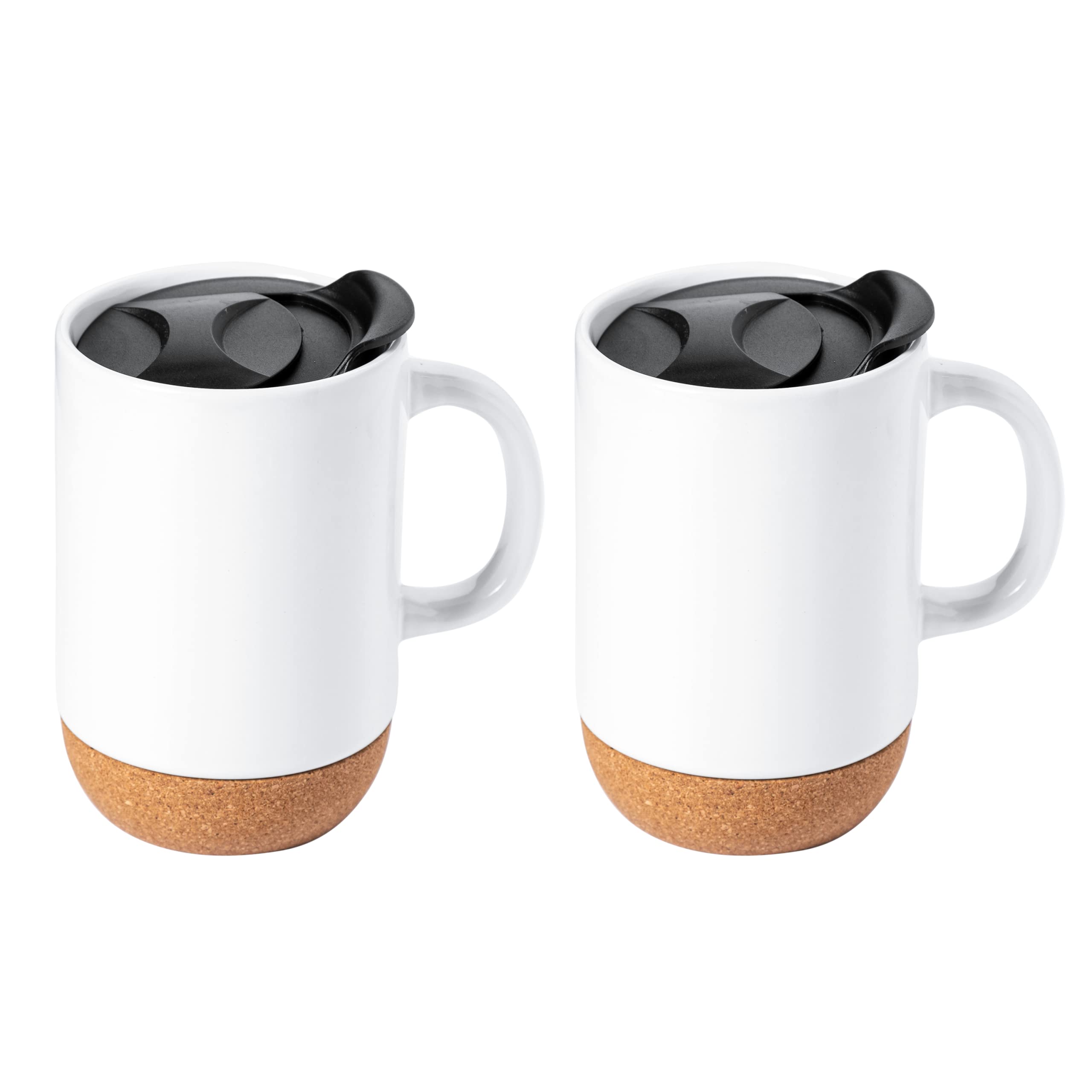 Gibson Home Modani 2 Pack Large 16.5 OZ Ceramic Mugs Set with Removable Cork Bottom and Lid - White