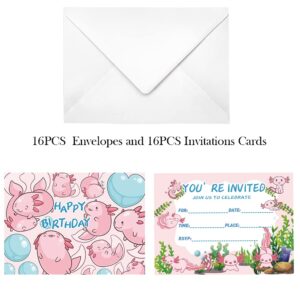 UOKRANH 16PCS Axolotl Birthday Invitation Cards 16PCS Animal Anime Postcard Styles 5x7 inches Invitations With Axolotl Graffiti Birthday Party Invite Card Supplies for Children（Envelope Included）