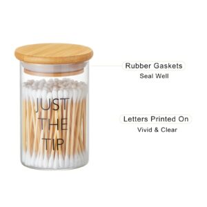 INIUNIK Glass Qtip Holder Dispenser, 2 Pack Glass Apothecary Jars with Lids, Sealed Q Tip Holder Cotton Ball Round Pad Swab Holder Funny Bathroom Canisters Jars for Vanity Restroom Décor and Storage