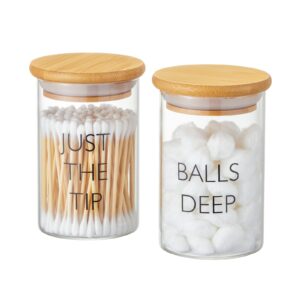 iniunik glass qtip holder dispenser, 2 pack glass apothecary jars with lids, sealed q tip holder cotton ball round pad swab holder funny bathroom canisters jars for vanity restroom décor and storage