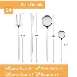 Dnalrhoi 24-Piece Silver Korean Silverware Sets Mirror Polished Stainless Steel Modern Flatware Cutlery Set Service for 6 Including Forks Spoons Knives Kitchen(Silver)