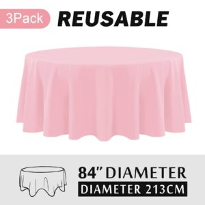 Childom Round Tablecloths,3 Pack 84 Inch Round Plastic Table Cloths Disposable Table Covers Pink Tablecloth for Indoor or Outdoor Parties Birthdays Weddings Holiday Dinner Anniversary Buffet Table