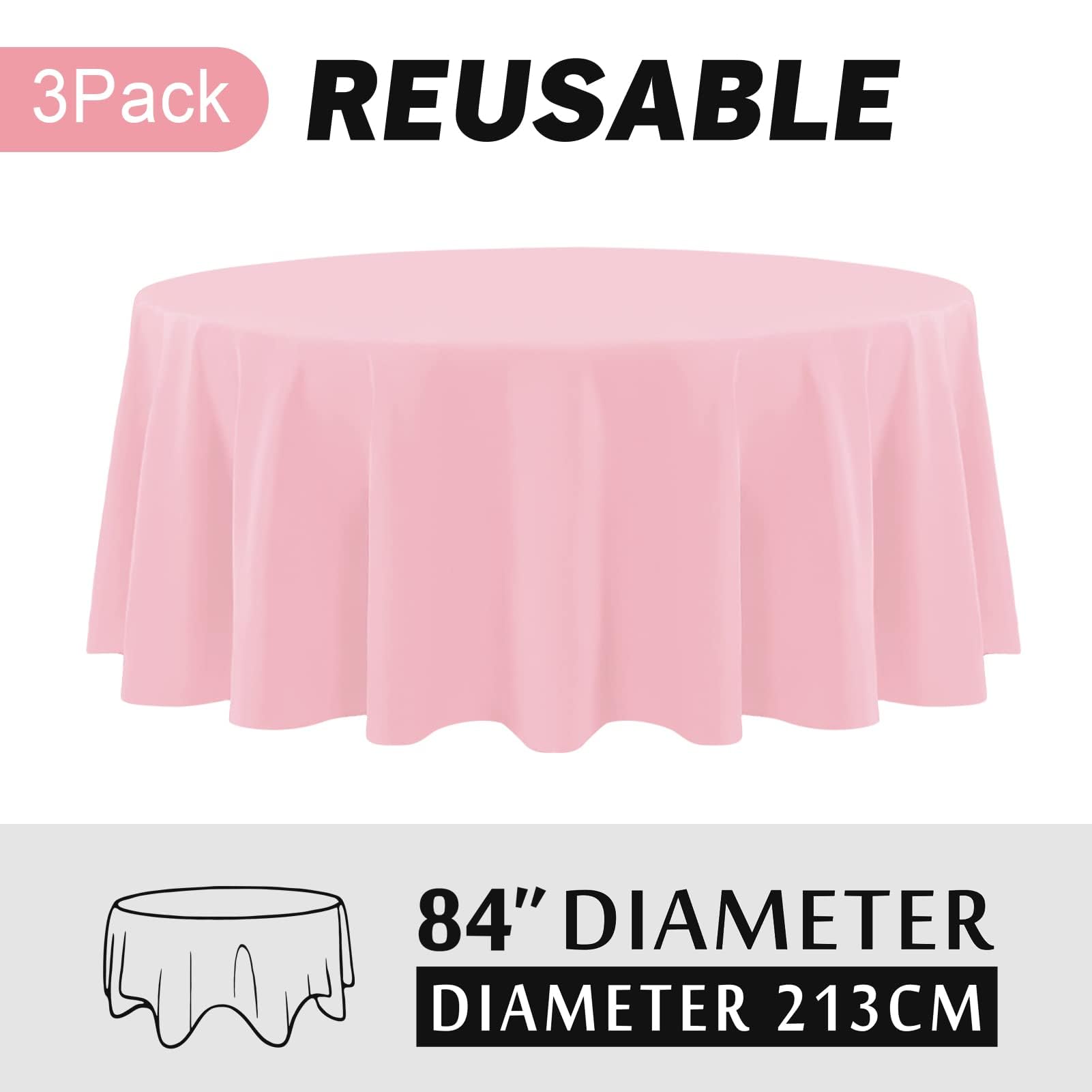 Childom Round Tablecloths,3 Pack 84 Inch Round Plastic Table Cloths Disposable Table Covers Pink Tablecloth for Indoor or Outdoor Parties Birthdays Weddings Holiday Dinner Anniversary Buffet Table