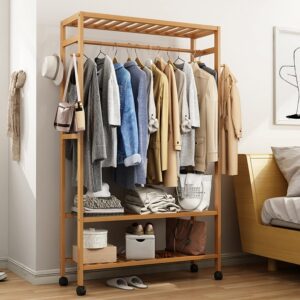 Overstock Rolling Clothes Garment Racks Bamboo Hanging Stand