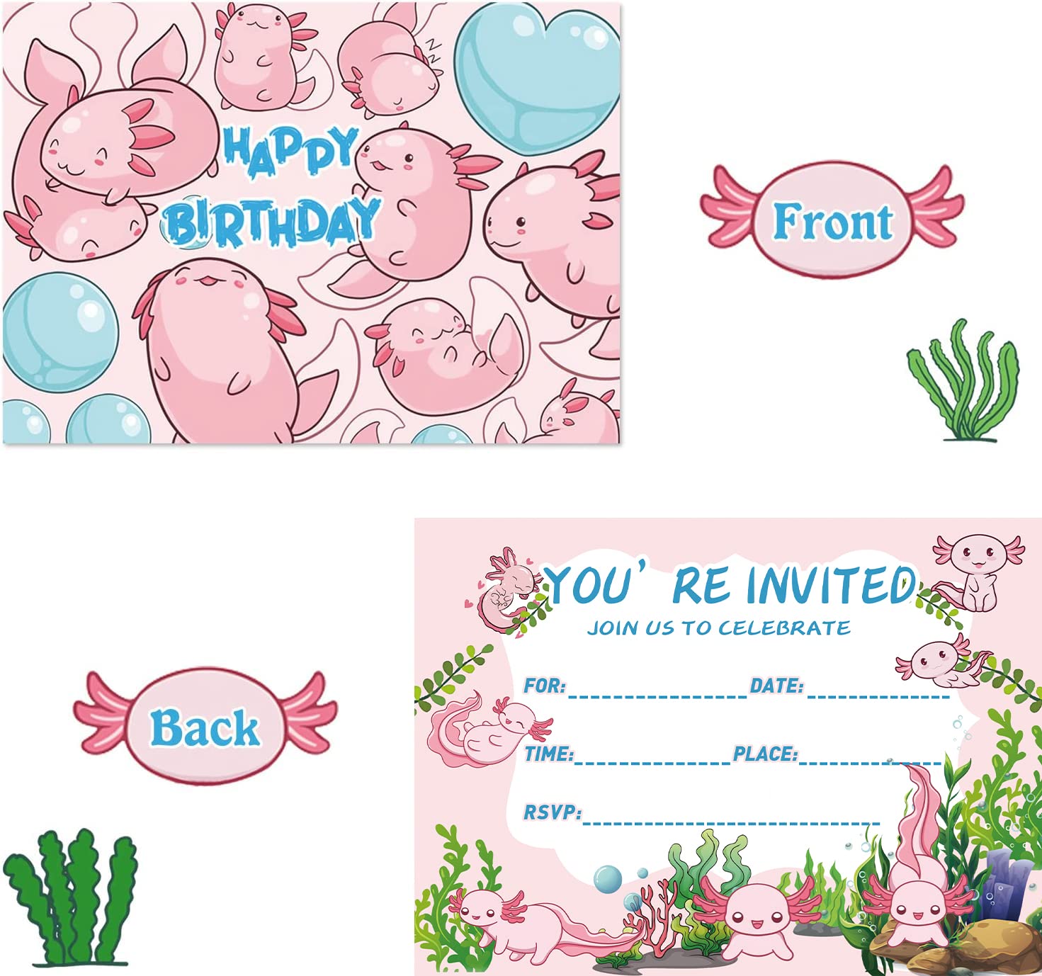 UOKRANH 16PCS Axolotl Birthday Invitation Cards 16PCS Animal Anime Postcard Styles 5x7 inches Invitations With Axolotl Graffiti Birthday Party Invite Card Supplies for Children（Envelope Included）